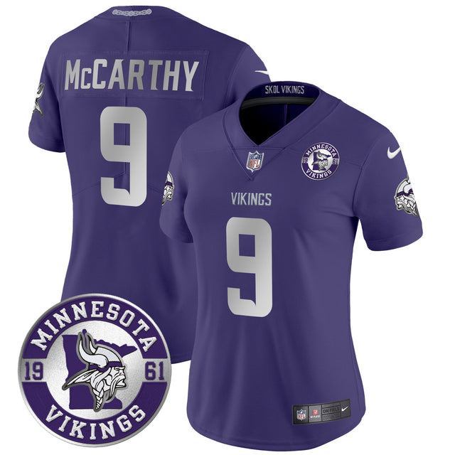 Women's Minnesota Vikings 2024 Vapor Limited Jersey - Est. 1961 Patch - All Stitched - Purple - J.J. McCarthy — view 1