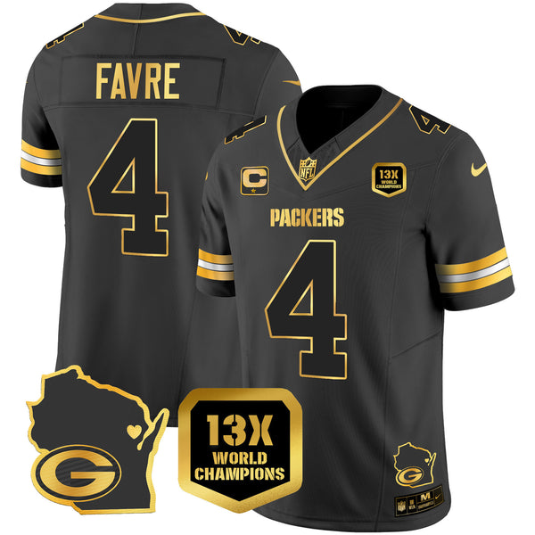 Men's Packers 13 Time World Champions & Home Patch Gold Vapor Jersey V2 – All Stitched - Black Gold - Brett Favre — view 1