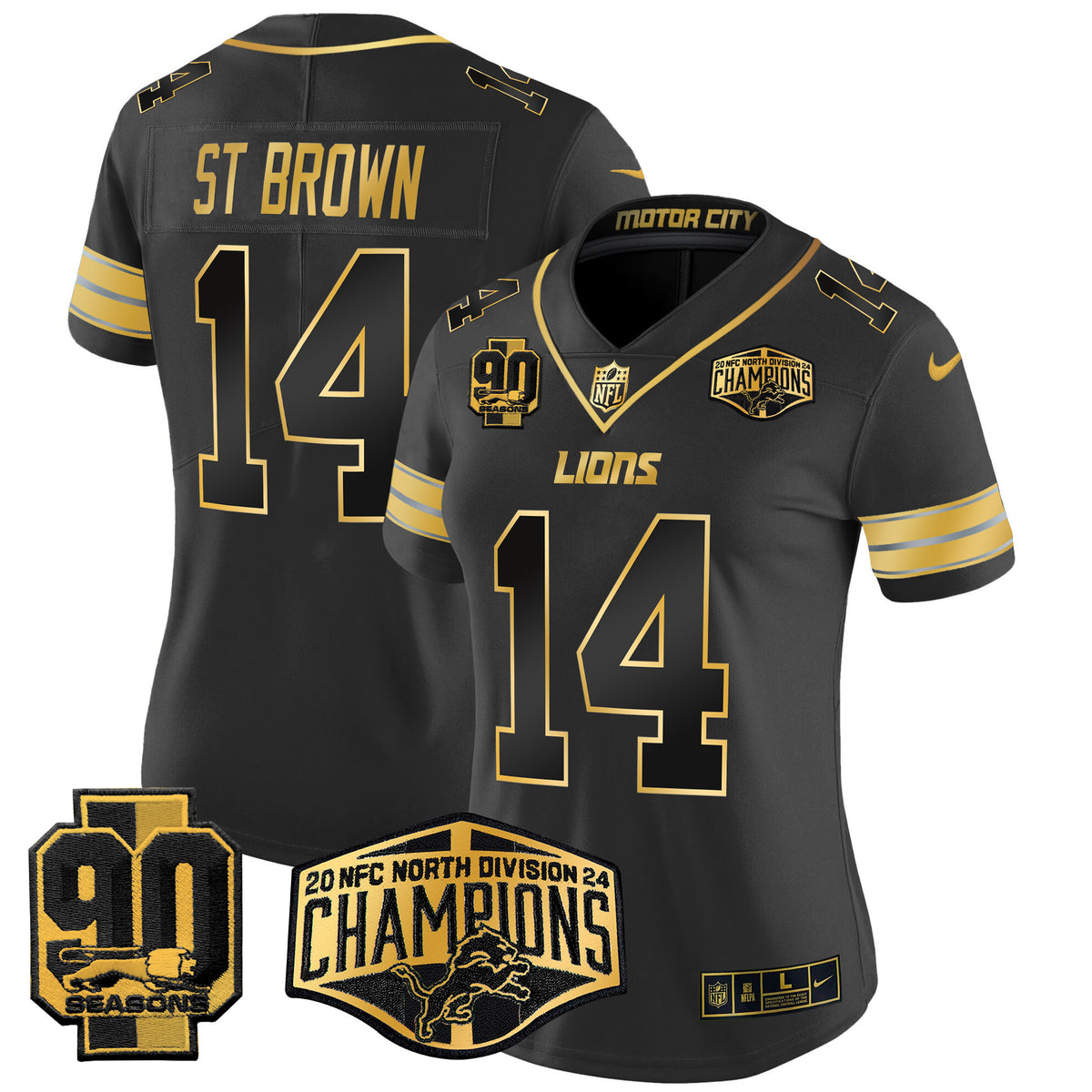 Women's Detroit Lions 2024 NFC North Division Champions Patch Gold Vapor Limited Jersey - All Stitched - Black Gold - St. Brown — view 1