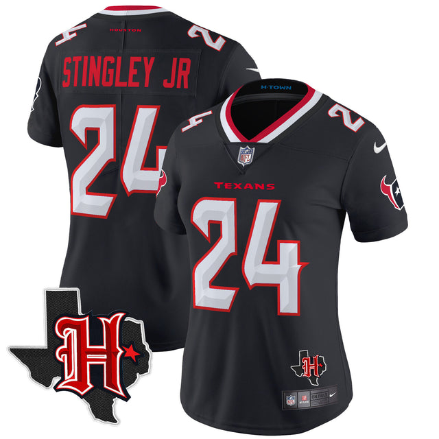 Women's Houston Texans 2024 Texas Patch Vapor Limited Jersey V5 - All Stitched - Navy - Derek Stingley Jr — view 1