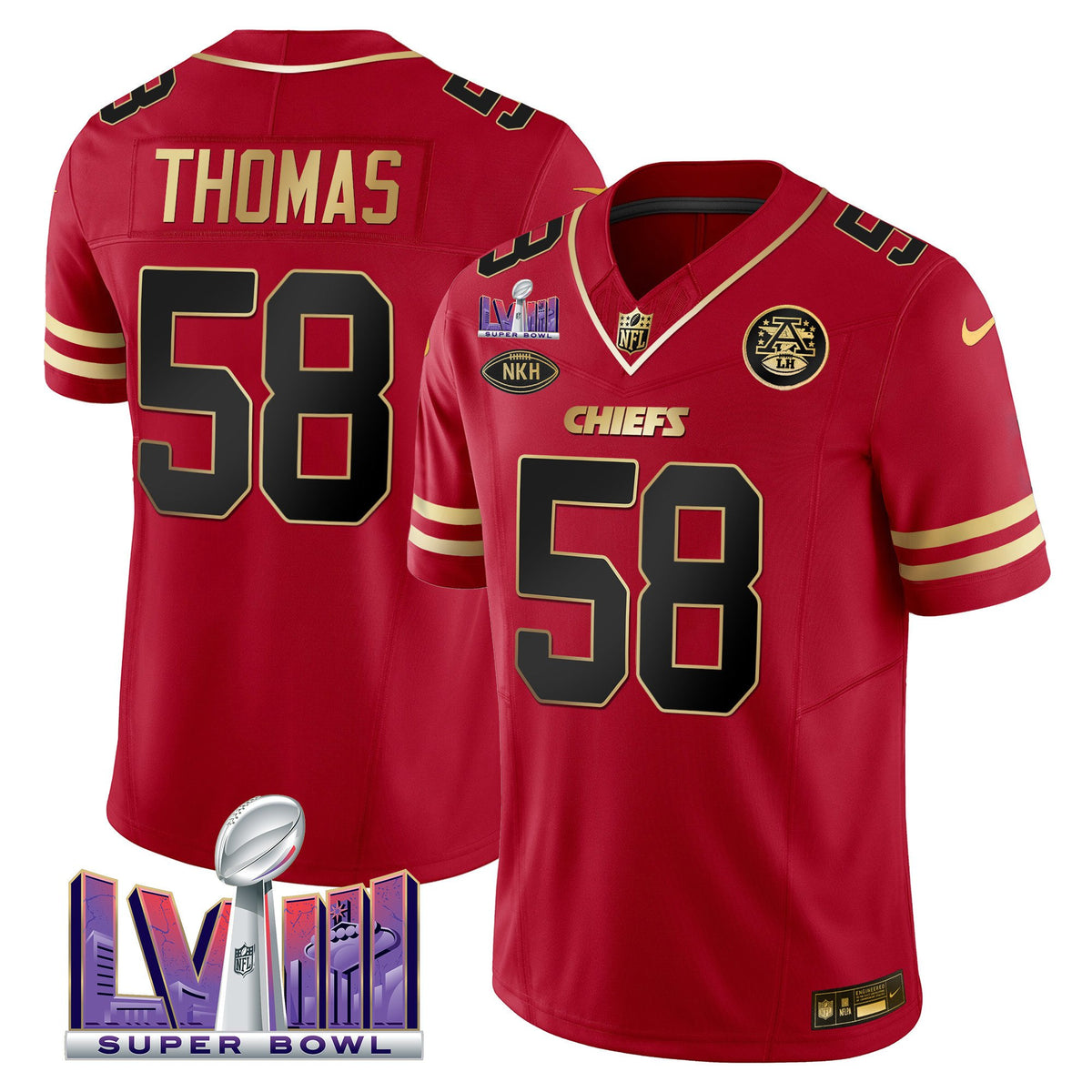 Men's Chiefs Super Bowl LVIII Patch Vapor Jersey V2 - All Stitched - Black Red - Derrick Thomas — view 1