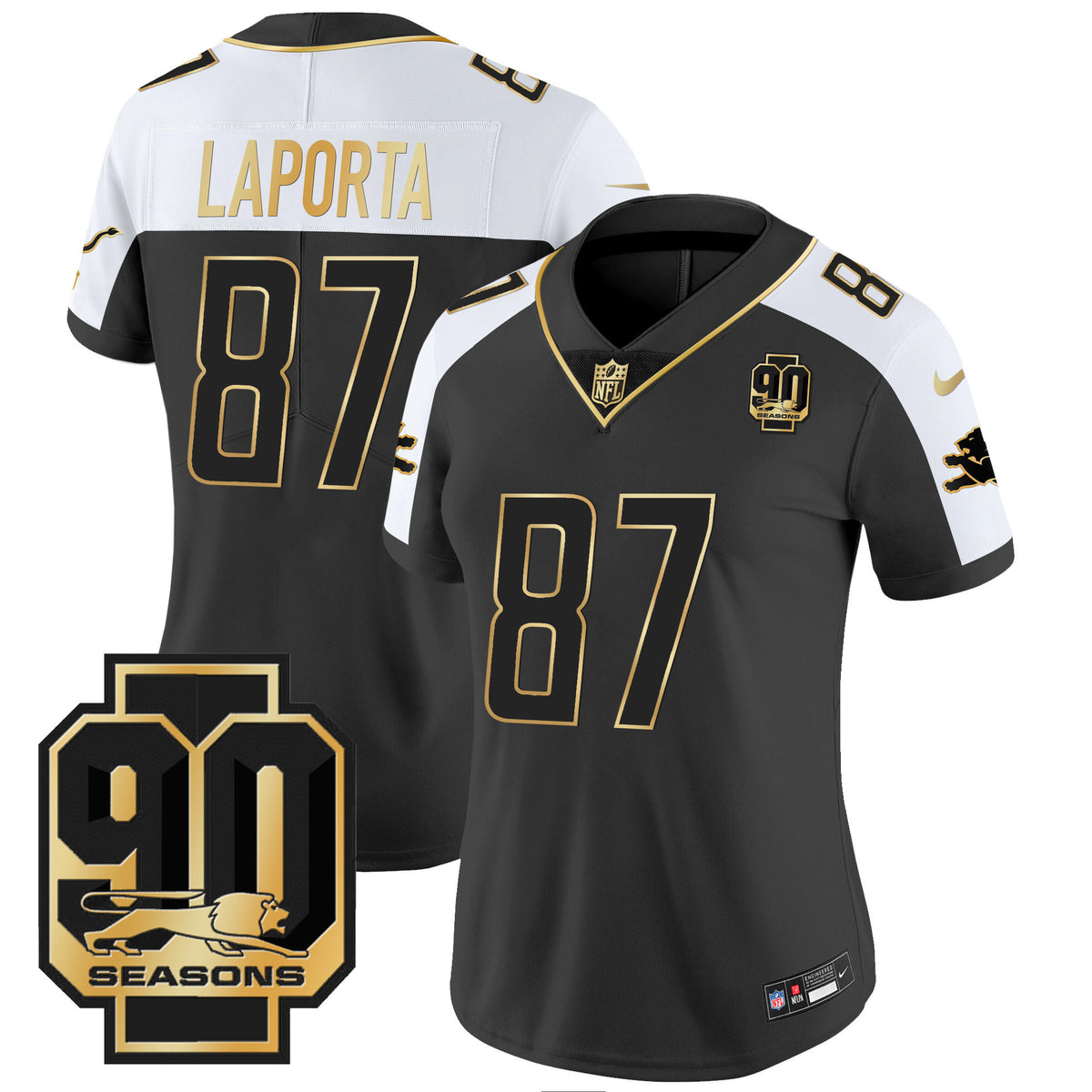 Women's Detroit Lions 90th Year Patch Gold Jersey - All Stitched - Alternate - Sam Laporta — view 1