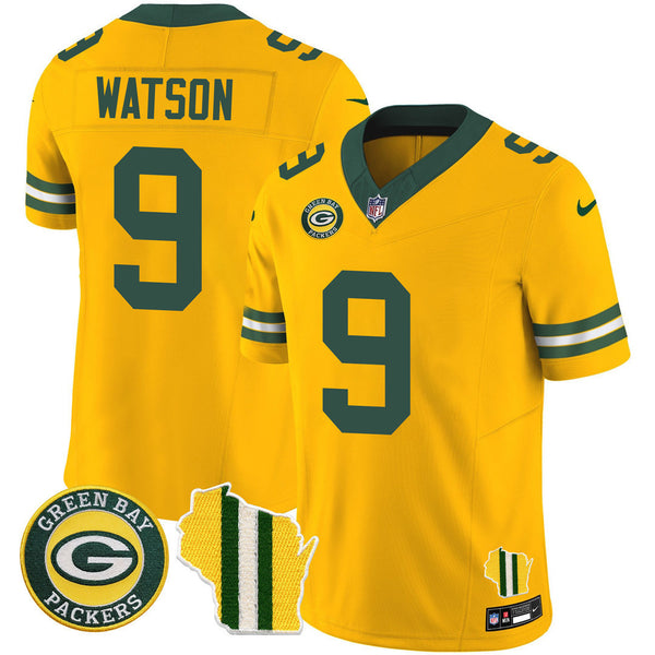 Men's Green Bay Packers Wisconsin State Patch Vapor Limited Jersey - All Sttiched - Gold - Christian Watson — view 1