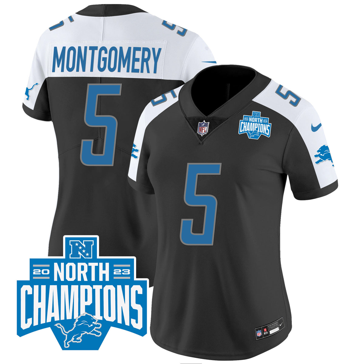 Women's Detroit Lions 2023 NFC North Division Champions Patch Vapor Jersey - All Stitched - Black Alternate - David Montgomery — view 1
