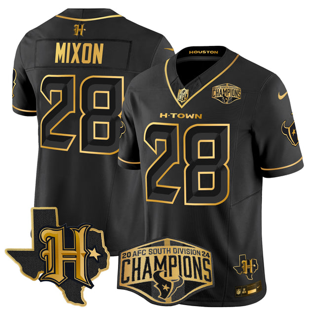 Men's Houston Texans 2024 AFC South Division Champions Patch Gold Vapor Limited Jersey - All Stitched - Black Gold - Joe Mixon — view 1