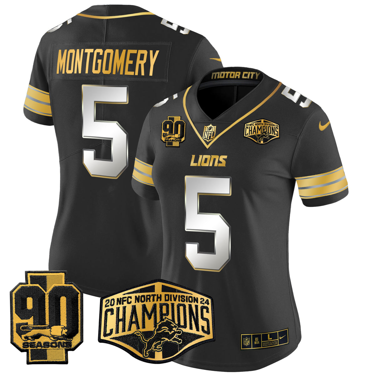 Women's Detroit Lions 2024 NFC North Division Champions Patch Gold Vapor Limited Jersey - All Stitched - Black Limited - David Montgomery — view 1