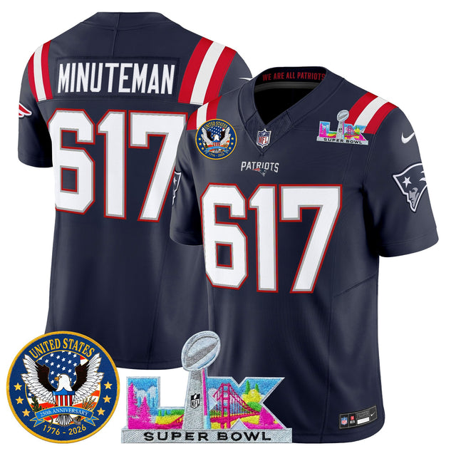 Men's New England Patriots Super Bowl LX & United States 250th Patch Vapor Limited Jersey - All Stitched - Navy - Minuteman 617 — view 1