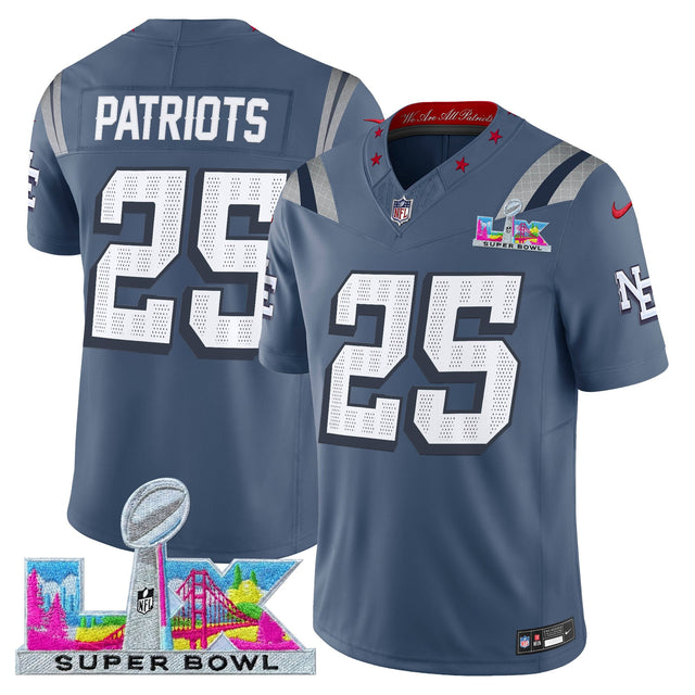 Men's New England Patriots Super Bowl LX Vapor Limited Jersey - All Stitched - Storm Blue - #25 Patriots — view 1
