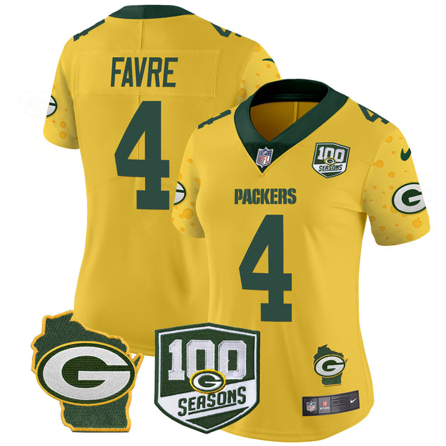 Women's Packers 100th Season & Home Patch Cheese Vapor Limited Jersey – All Stitched - Gold - Brett Favre — view 1