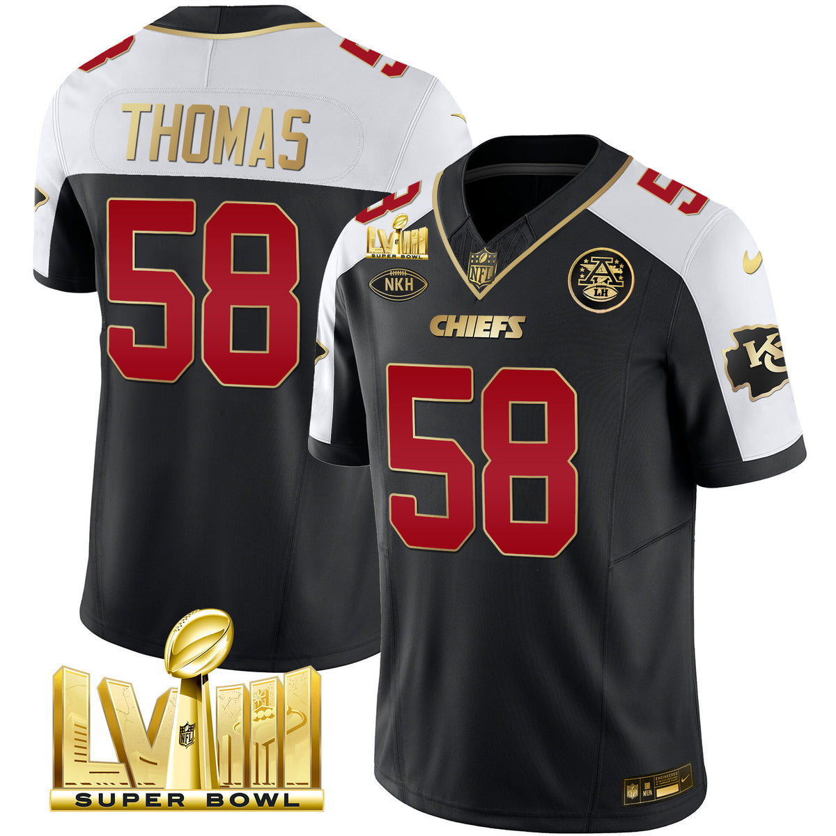 Men's Chiefs Super Bowl LVIII Gold Patch Vapor Jersey V2 - All Stitched - Black Alternate - Derrick Thomas — view 1