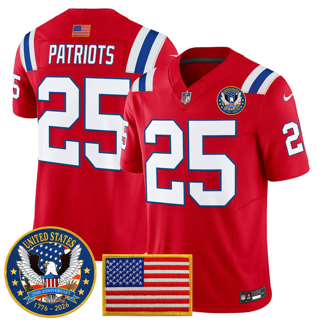 Men's New England Patriots United States 250th Anniversary Patch Vapor Limited Jersey - All Stitched - Red - #25 Patriots — view 1