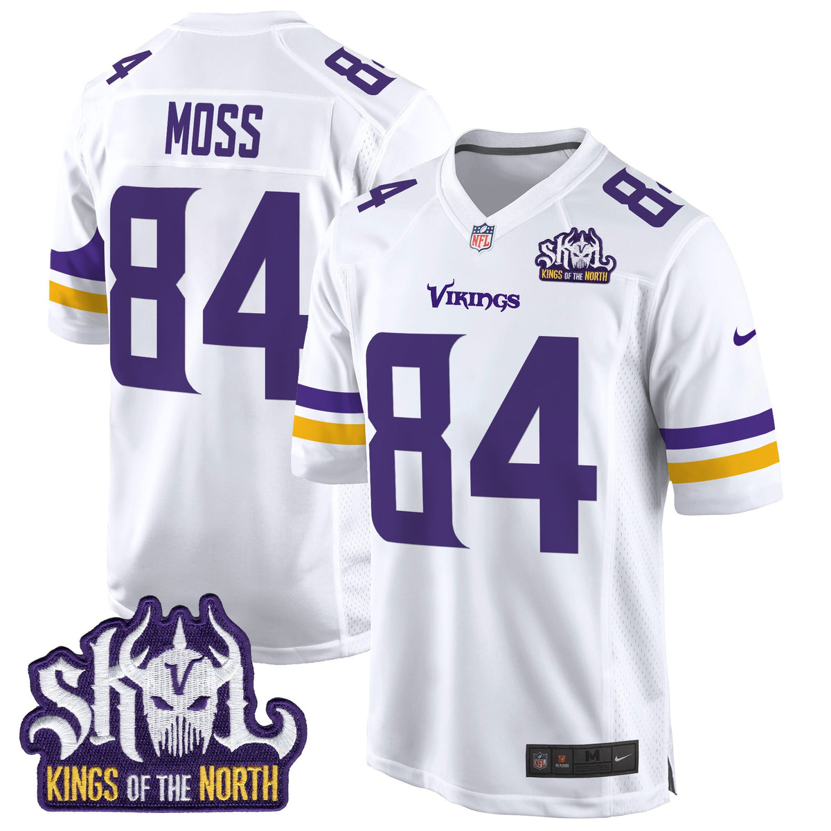 Men's Minnesota Vikings King Of The North Patch Game Jersey - All Stitched - White - Randy Moss — view 1