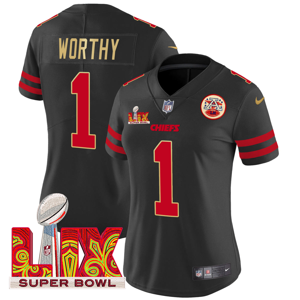 Women's Chiefs Super Bowl LIX Patch Gold Trim Vapor Limited Jersey - All Stitched - Black - Xavier Worthy — view 1