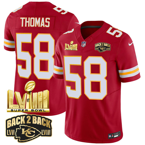 Men's Chiefs Super Bowl LVIII & Back 2 Back Gold Patch Vapor Jersey - All Stitched - Red - Derrick Thomas — view 1