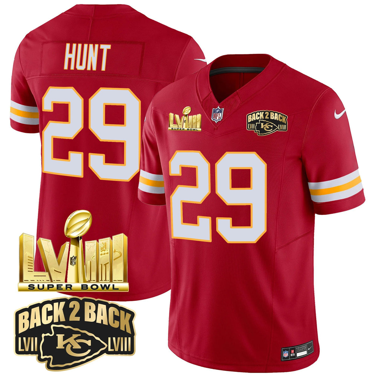 Men's Chiefs Super Bowl LVIII & Back 2 Back Gold Patch Vapor Jersey - All Stitched - Red - Kareem Hunt — view 1