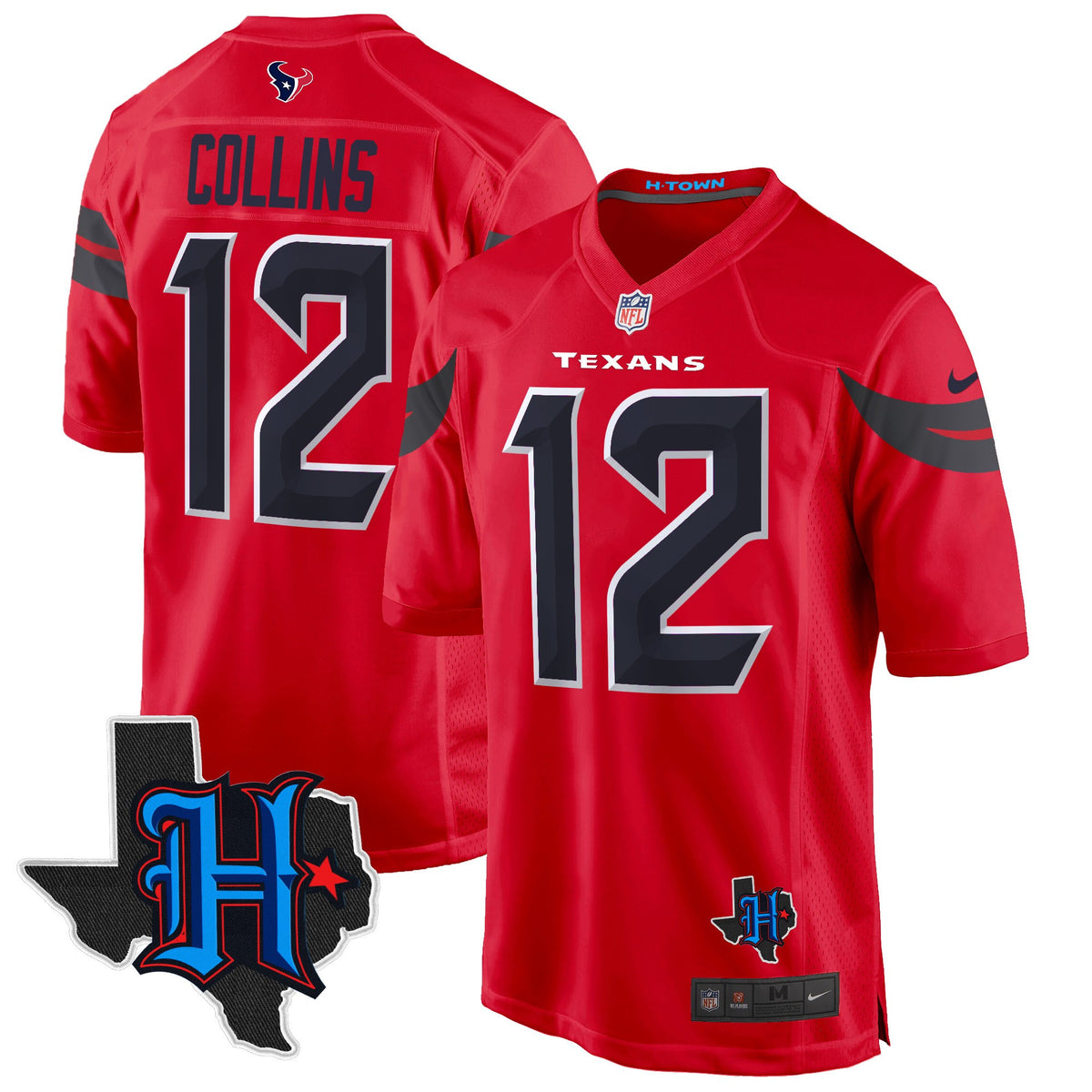 Men's Houston Texans 2024 Texas Patch Game Jersey - All Stitched - Red - Nico Collins — view 1