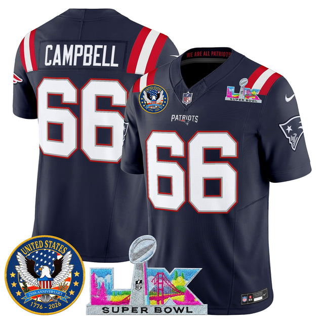 Men's New England Patriots Super Bowl LX & United States 250th Patch Vapor Limited Jersey - All Stitched - Navy - Will Campbell — view 1