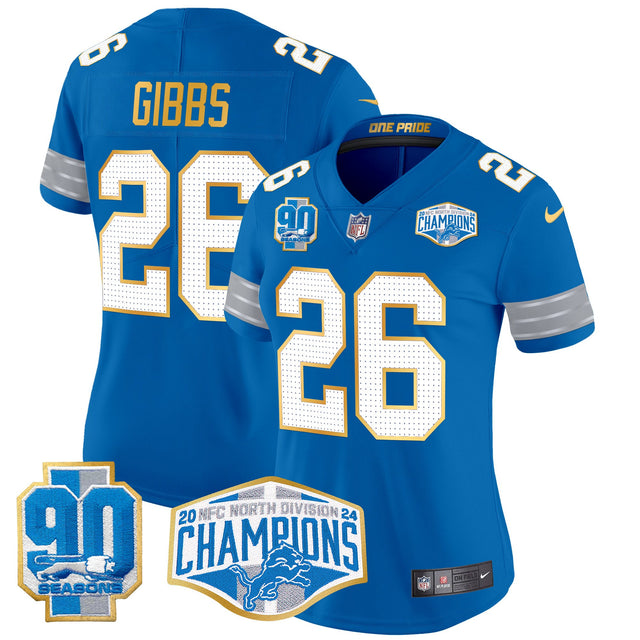 Women's Detroit Lions 2024 NFC North Division Champions Patch Gold Trim Vapor Limited Jersey - All Stitched - Blue - Jahmyr Gibbs — view 1