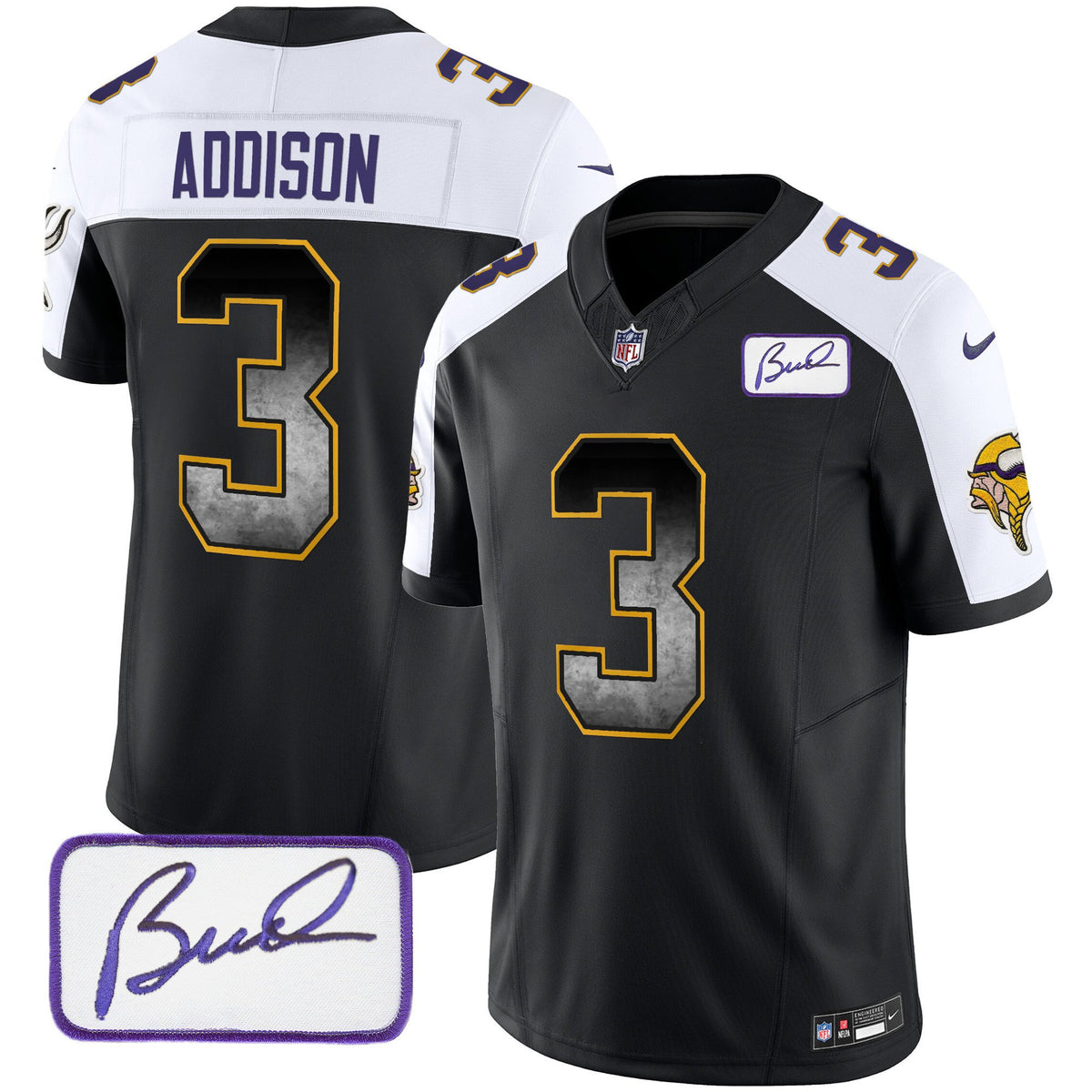 Men's Vikings Bud Grant Patch Arch Smoke Vapor Jersey - All Stitched - Black Alternate - Jordan Addison — view 1