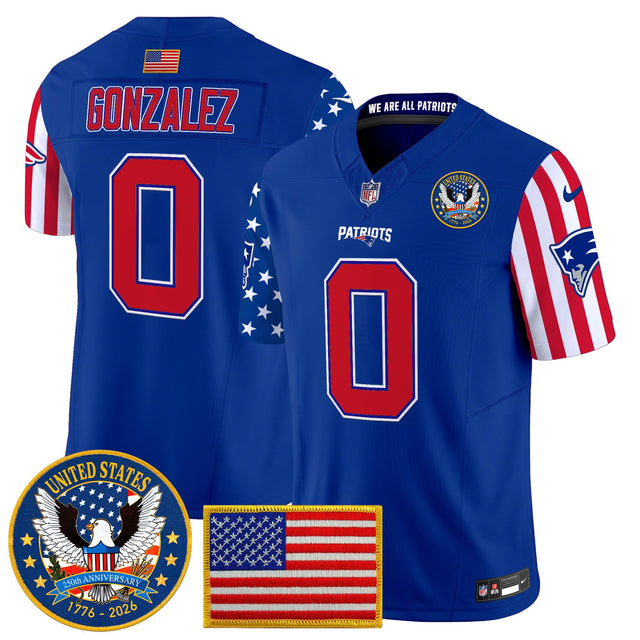 Men's New England Patriots America250 Edition Vapor Limited Jersey - All Stitched - Royal - Christian Gonzalez — view 1
