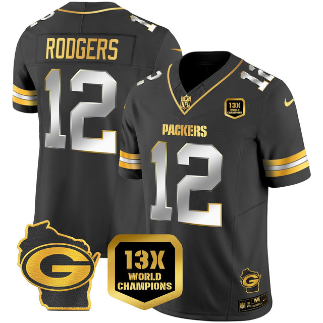 Men's Packers 13 Time World Champions & Home Patch Gold Vapor Jersey – All Stitched - Black Limited - Aaron Rodgers — view 1