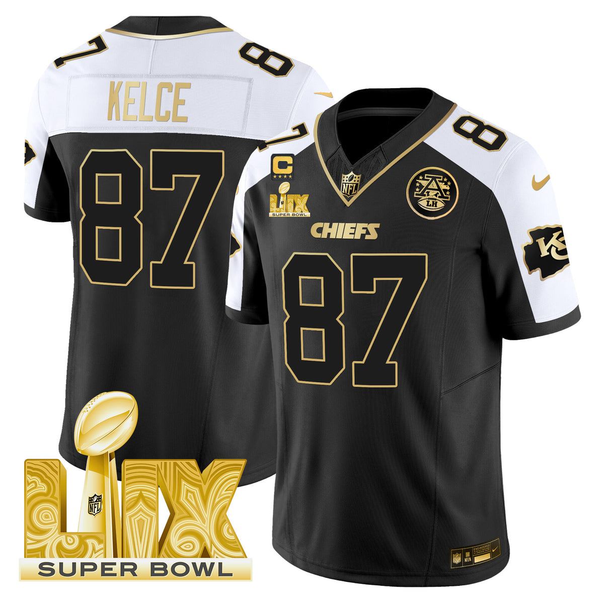 Men's Chiefs Super Bowl LIX Patch Gold Vapor Limited Jersey - All Stitched - Alternate - Travis Kelce — view 1
