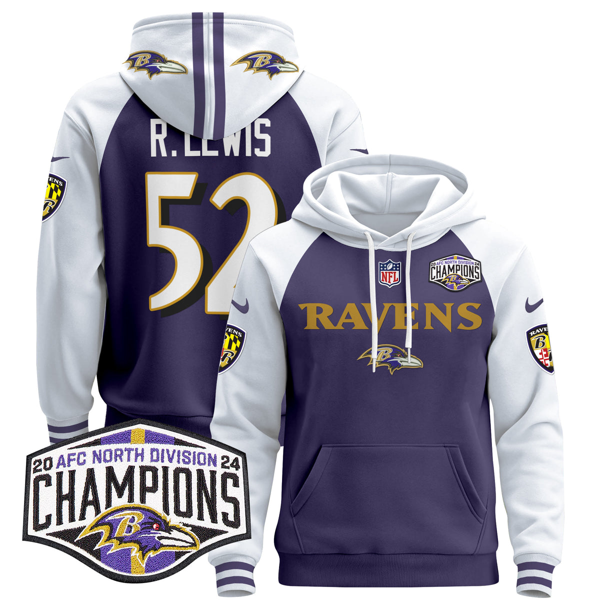 Men's Baltimore Ravens 2024 AFC North Division Champions Patch Pullover Hoodie - All Stitched - Purple Alternate - Ray Lewis — view 1
