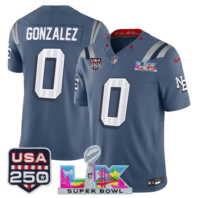 Men's New England Patriots Super Bowl LX & United States 250th Anniversary Patch Vapor Limited Jers ~25cf8277 - Storm Blue - Christian Gonzalez — view 1