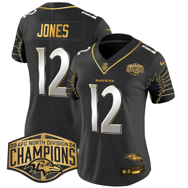 Women's Ravens Maryland 2024 AFC North Division Champions Patch Gold Vapor Limited Jersey - All Stitched - Black Limited - Jacoby Jones — view 1