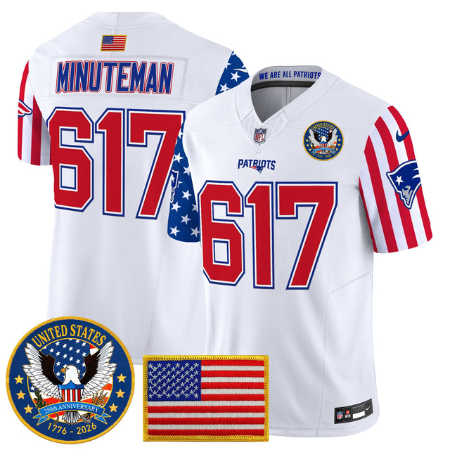 Men's New England Patriots America250 Edition Vapor Limited Jersey - All Stitched - White - Minuteman 617 — view 1
