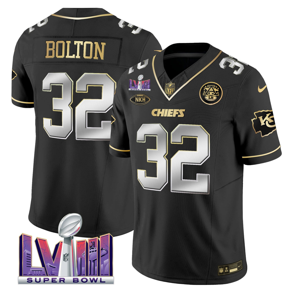 Men's Chiefs Super Bowl LVIII Patch Vapor Jersey V3 - All Stitched - Black Limited - Nick Bolton — view 1