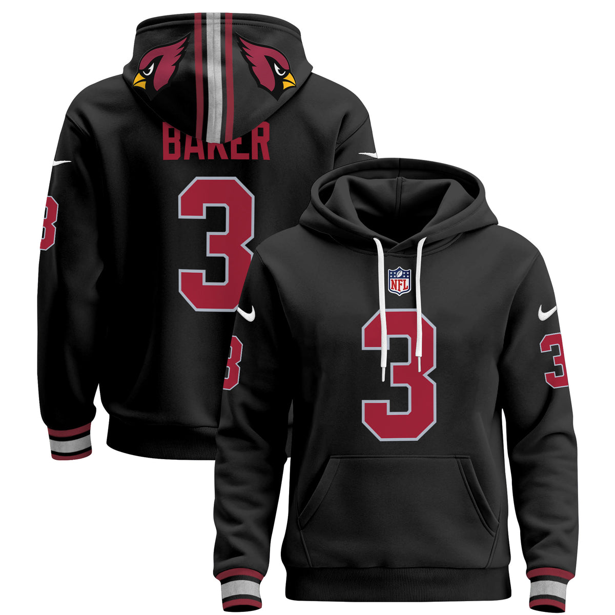 Men's Arizona Cardinals 2024 Pullover Hoodie - All Stitched - Black - Budda Baker — view 1
