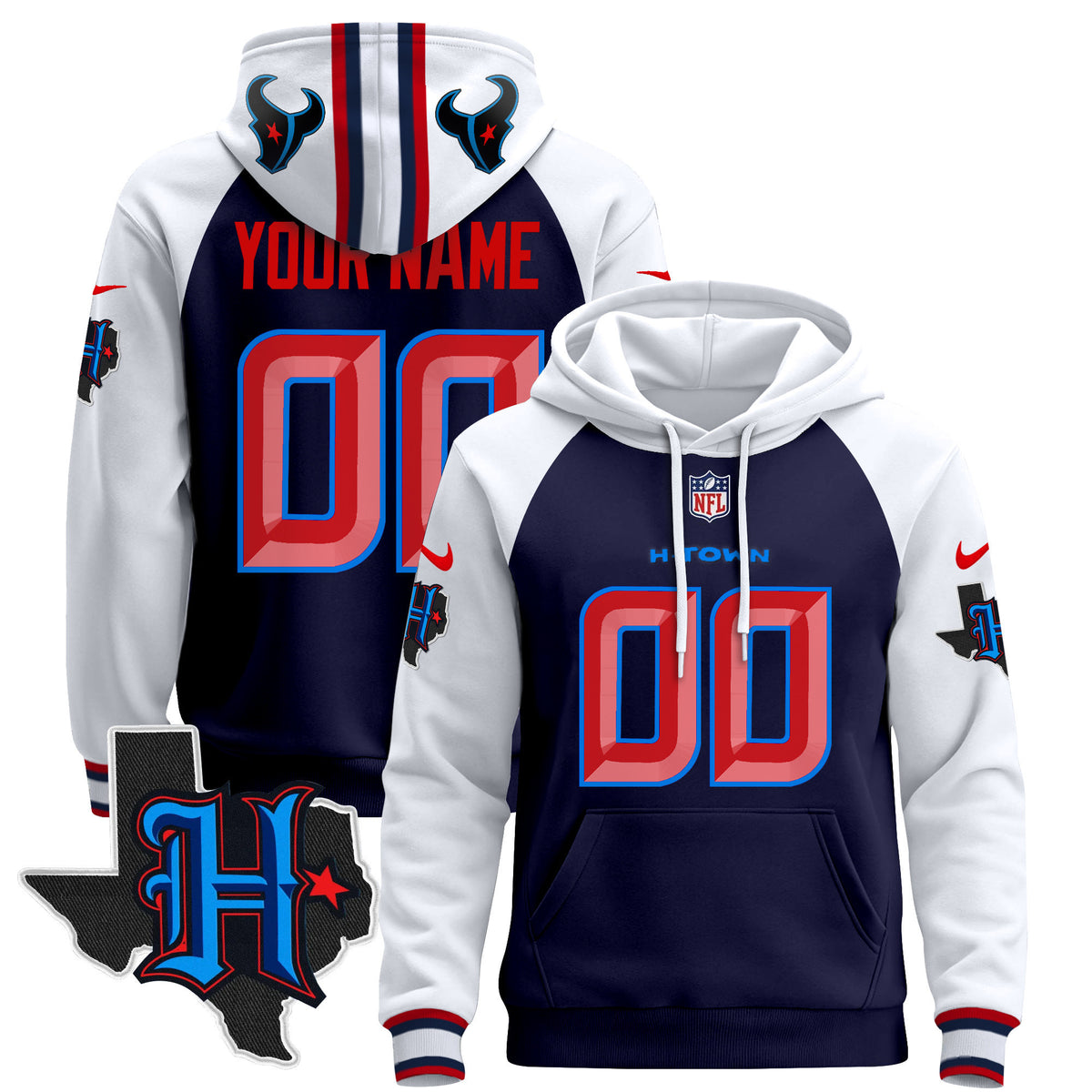 Houston Texans 2024 Custom Pullover Hoodie - All Stitched - Navy Alternate — view 1
