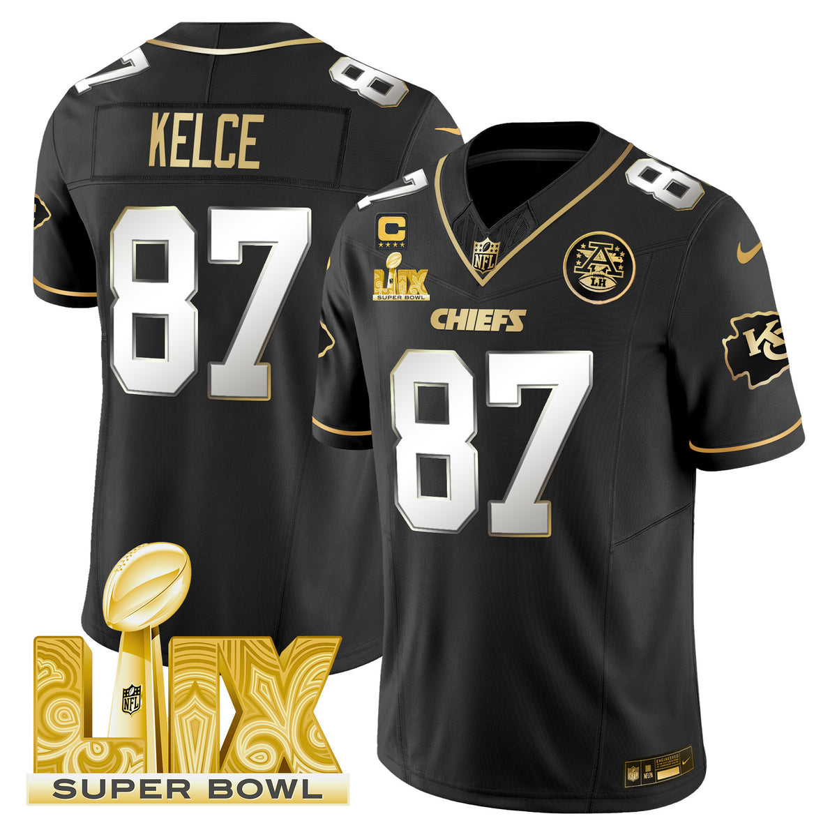 Men's Chiefs Super Bowl LIX Patch Gold Vapor Limited Jersey - All Stitched - Black Limited - Travis Kelce — view 1