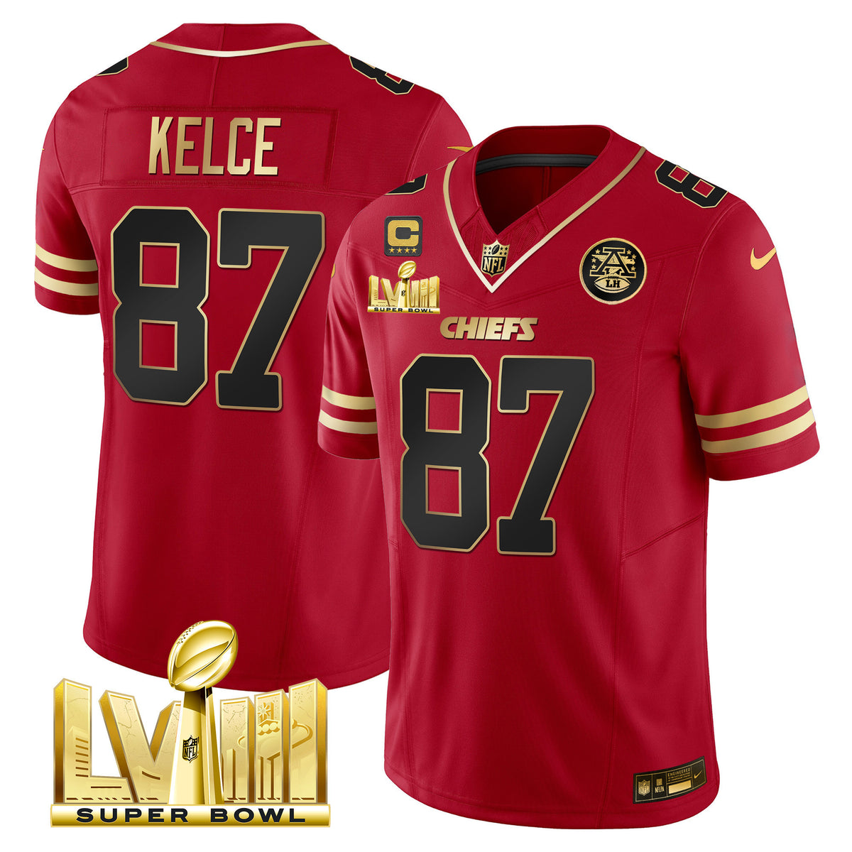 Men's Chiefs Super Bowl LVIII Gold Patch Vapor Jersey - All Stitched - Black Red - Travis Kelce — view 1