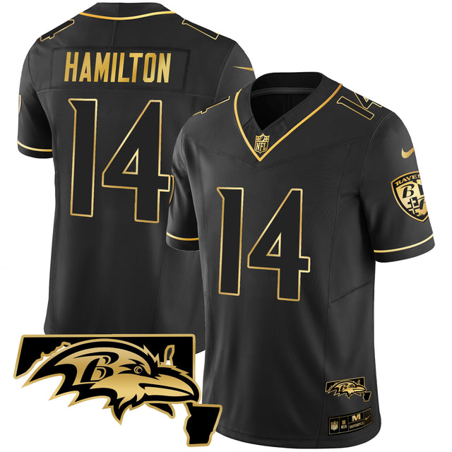 Men's Ravens Maryland Patch Vapor Gold Jersey - All Stitched - Black Gold - Kyle Hamilton — view 1