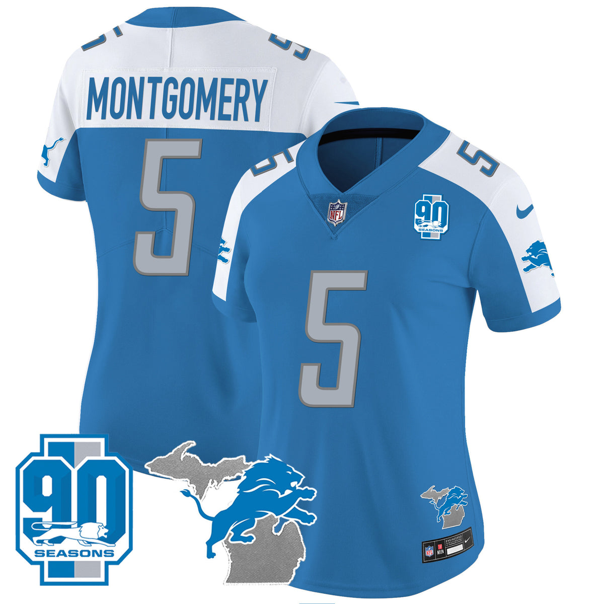 Women's Detroit Lions 90th Year & Michigan Patch Vapor Jersey - All Stitched - Blue Alternate - David Montgomery — view 1
