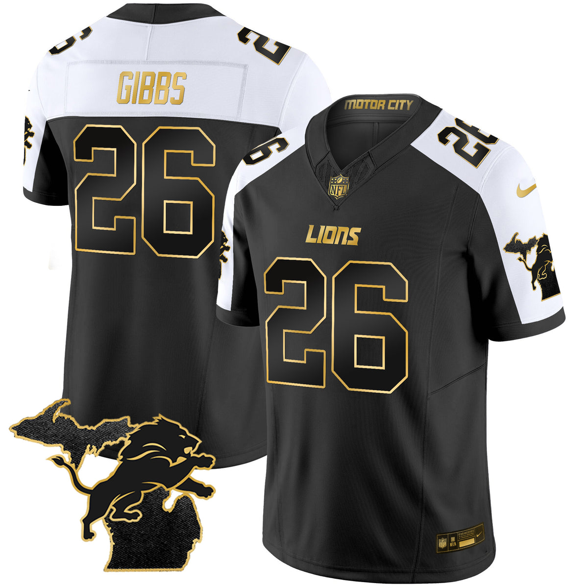 Men's Detroit Lions 2024 Michigan Patch Gold Vapor Jersey - All Stitched - Alternate - Jahmyr Gibbs — view 1