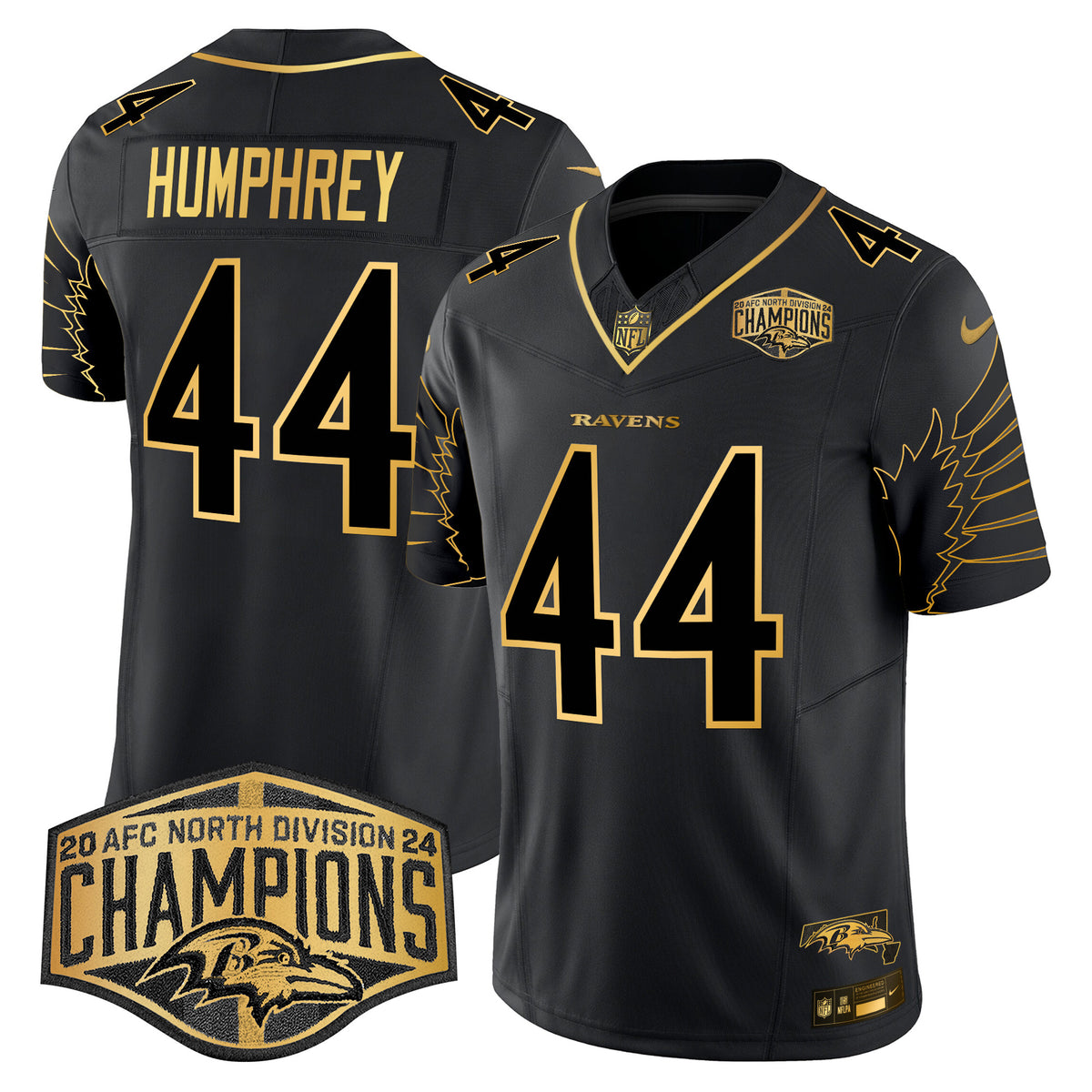 Men's Ravens Maryland 2024 AFC North Division Champions Patch Gold Vapor Limited Jersey - All Stitched - Black Gold - Marlon Humphrey — view 1