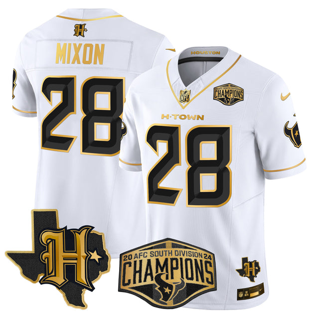 Men's Houston Texans 2024 AFC South Division Champions Patch Gold Vapor Limited Jersey - All Stitched - White Gold - Joe Mixon — view 1