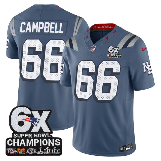 Men's New England Patriots 6-Time Champions Patch Vapor Limited Jersey - All Stitched - Storm Blue - Will Campbell — view 1
