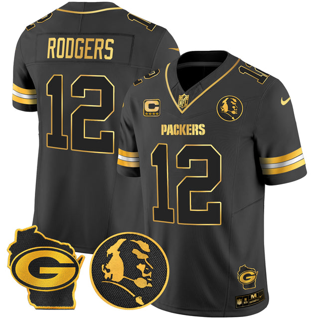 Men's Packers John Madden & Home Patch Gold Vapor Limited Jersey - All Stitched - Black Gold - Aaron Rodgers — view 1