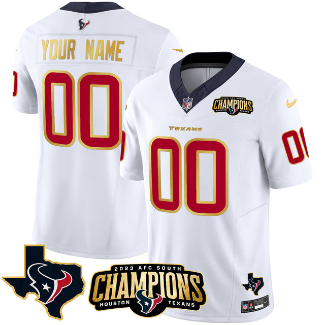 Houston Texans 2023 AFC South Champions Patch Gold Trim Vapor Custom Jersey - All Stitched - White — view 1