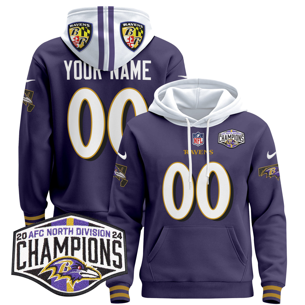 Baltimore Ravens 2024 AFC North Division Champions Patch Custom Pullover Hoodie V2 - All Stitched - Purple — view 1