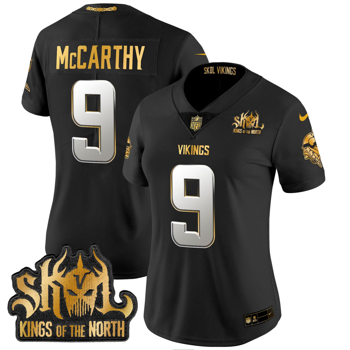 Women's Minnesota Vikings 2024 Winter Warrior Skol Patch Gold Vapor Limited Jersey - All Stitched - Black Limited - J.J. McCarthy — view 1