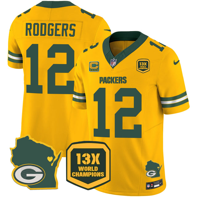 Men's Packers 13 Time World Champions & Home Patch Vapor Jersey V2 – All Stitched - Gold - Aaron Rodgers — view 1