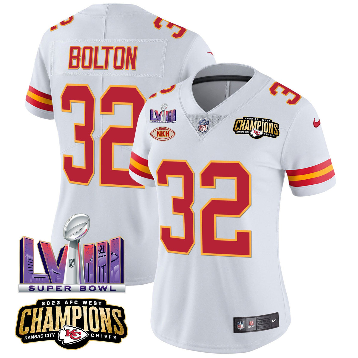 Women's Chiefs AFC West Champions & Super Bowl LVIII Patch Vapor Jersey - All Stitched - White - Nick Bolton — view 1