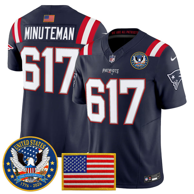 Men's New England Patriots United States 250th Anniversary Patch Vapor Limited Jersey - All Stitched - Navy - Minuteman 617 — view 1