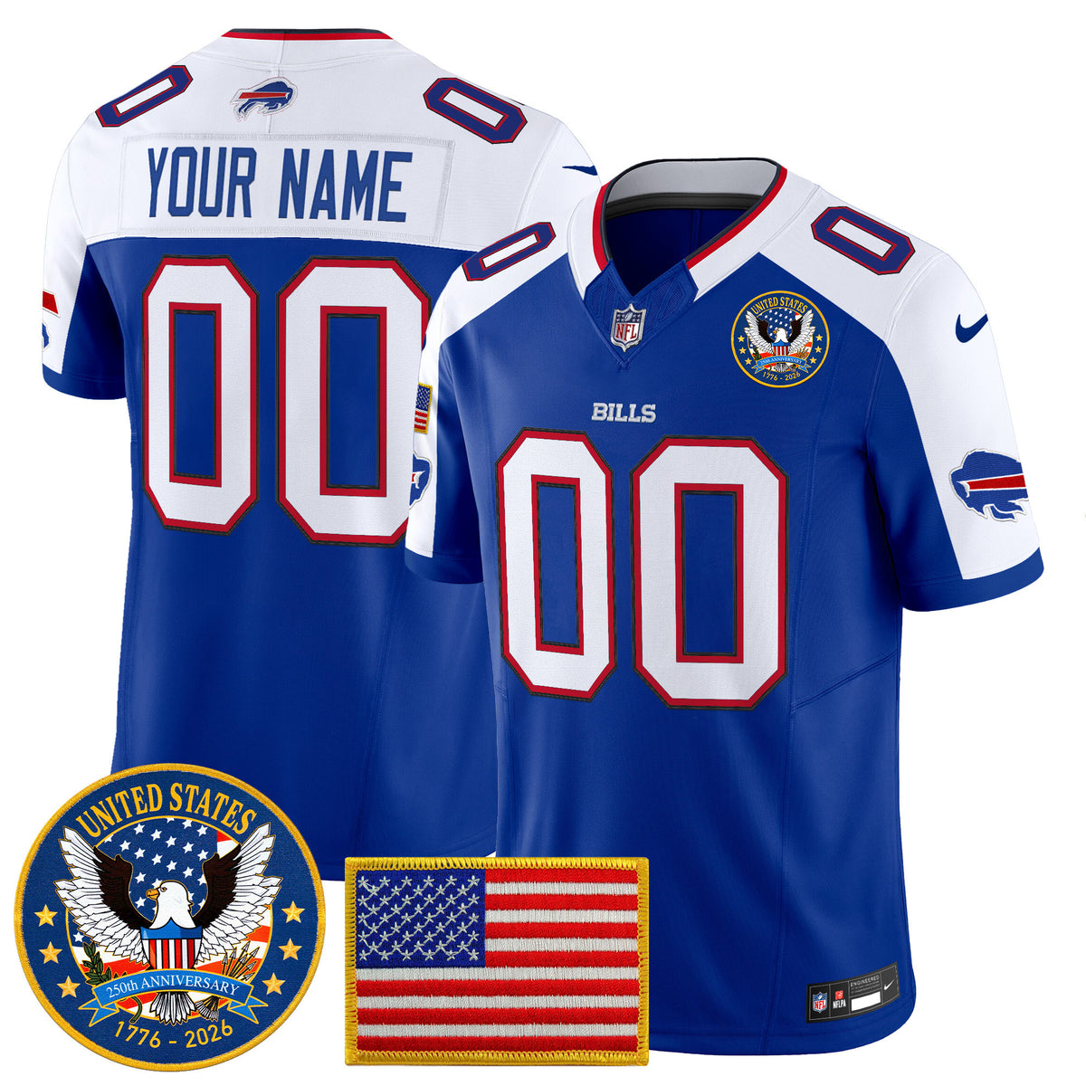 Buffalo Bills United States 250th Anniversary Patch Vapor Limited Custom Jersey - All Stitched - Royal Alternate — view 1