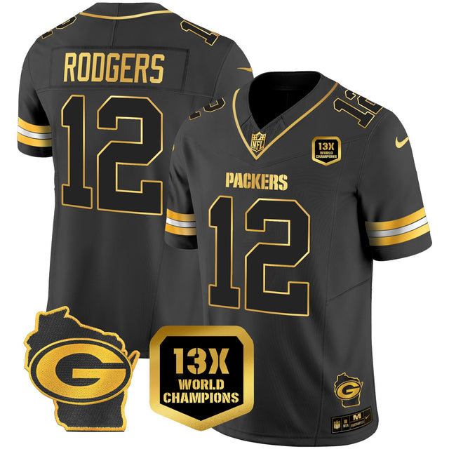 Men's Packers 13 Time World Champions & Home Patch Gold Vapor Jersey – All Stitched - Black Gold - Aaron Rodgers — view 1
